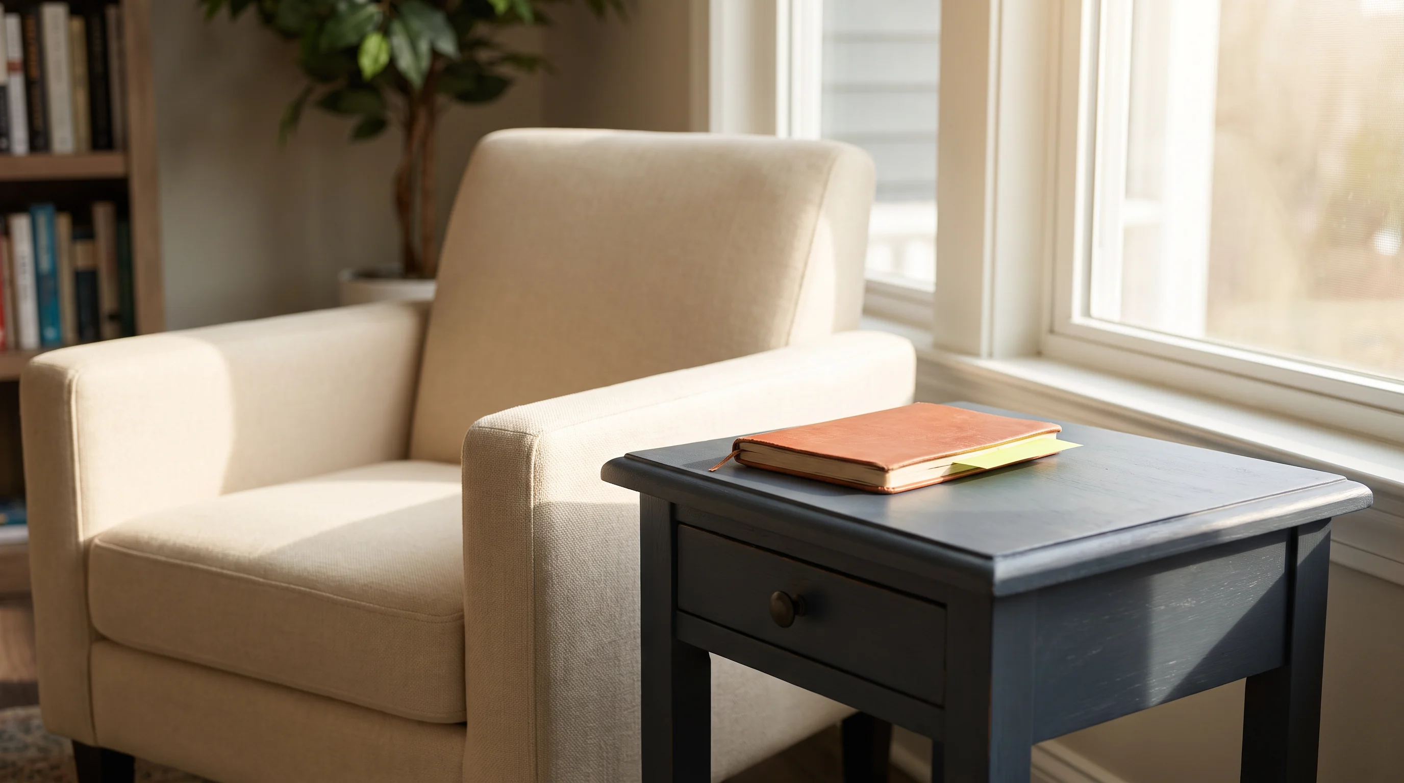 A quiet armchair beside a small side table