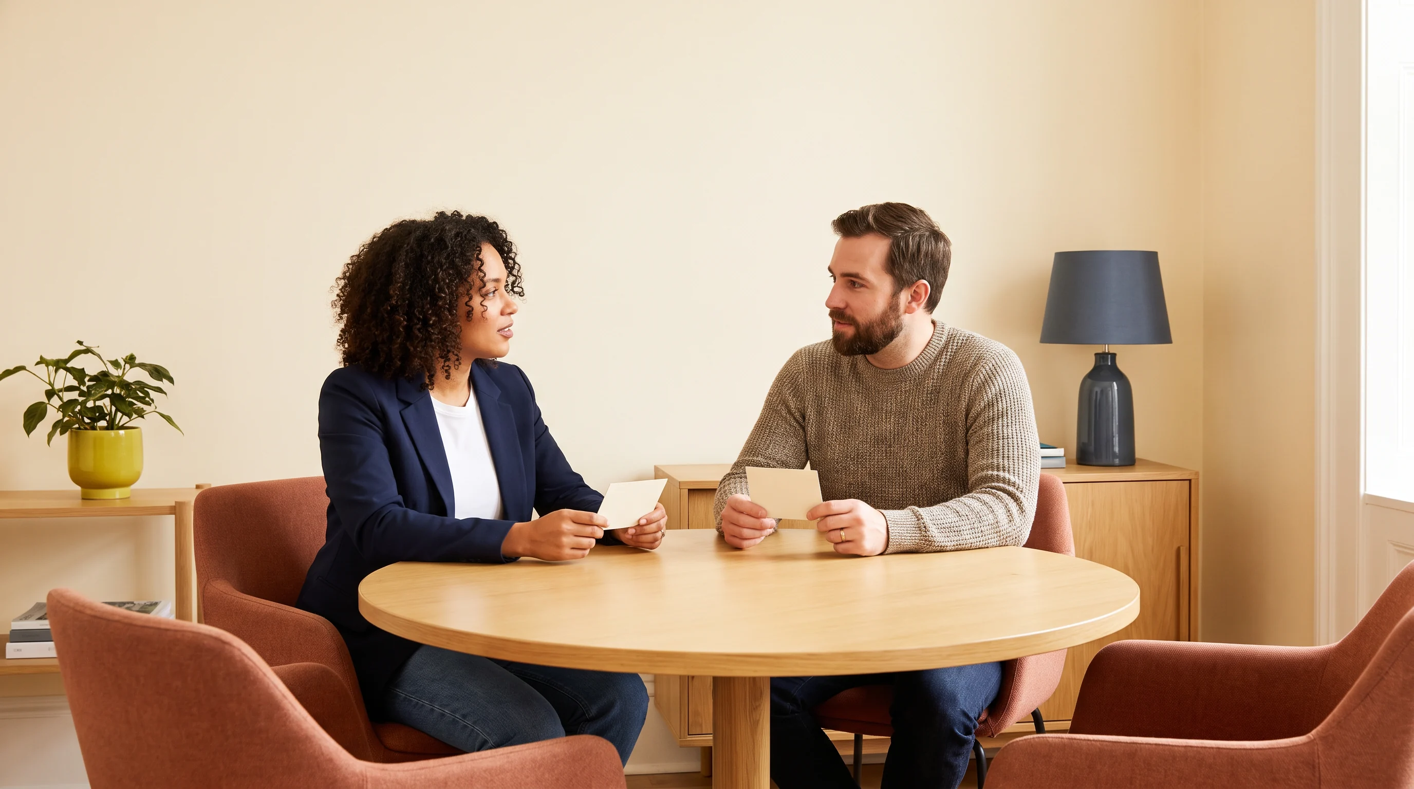 Two people in a focused career conversation at a round table