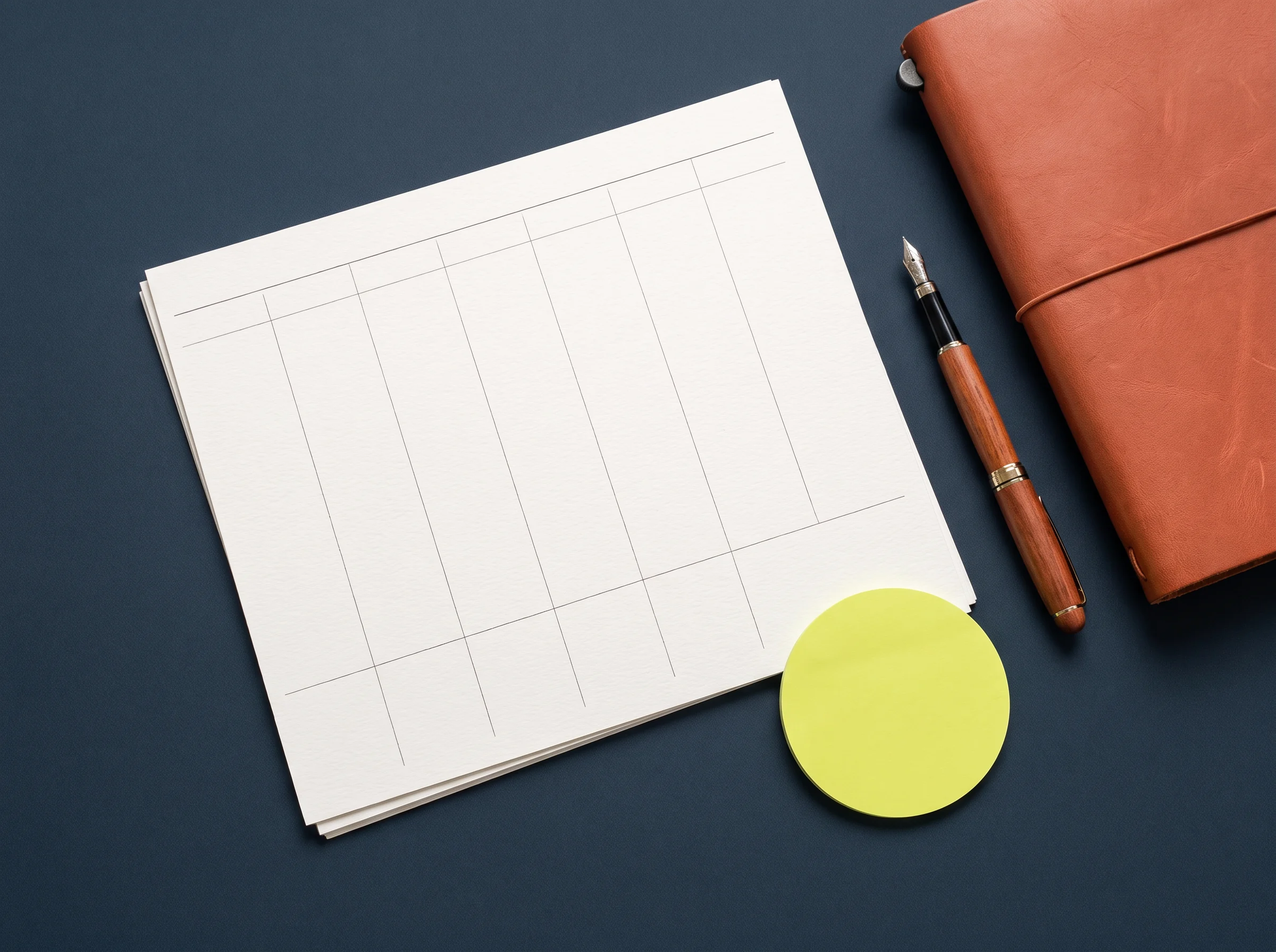 A paper week planner with a pen and round note