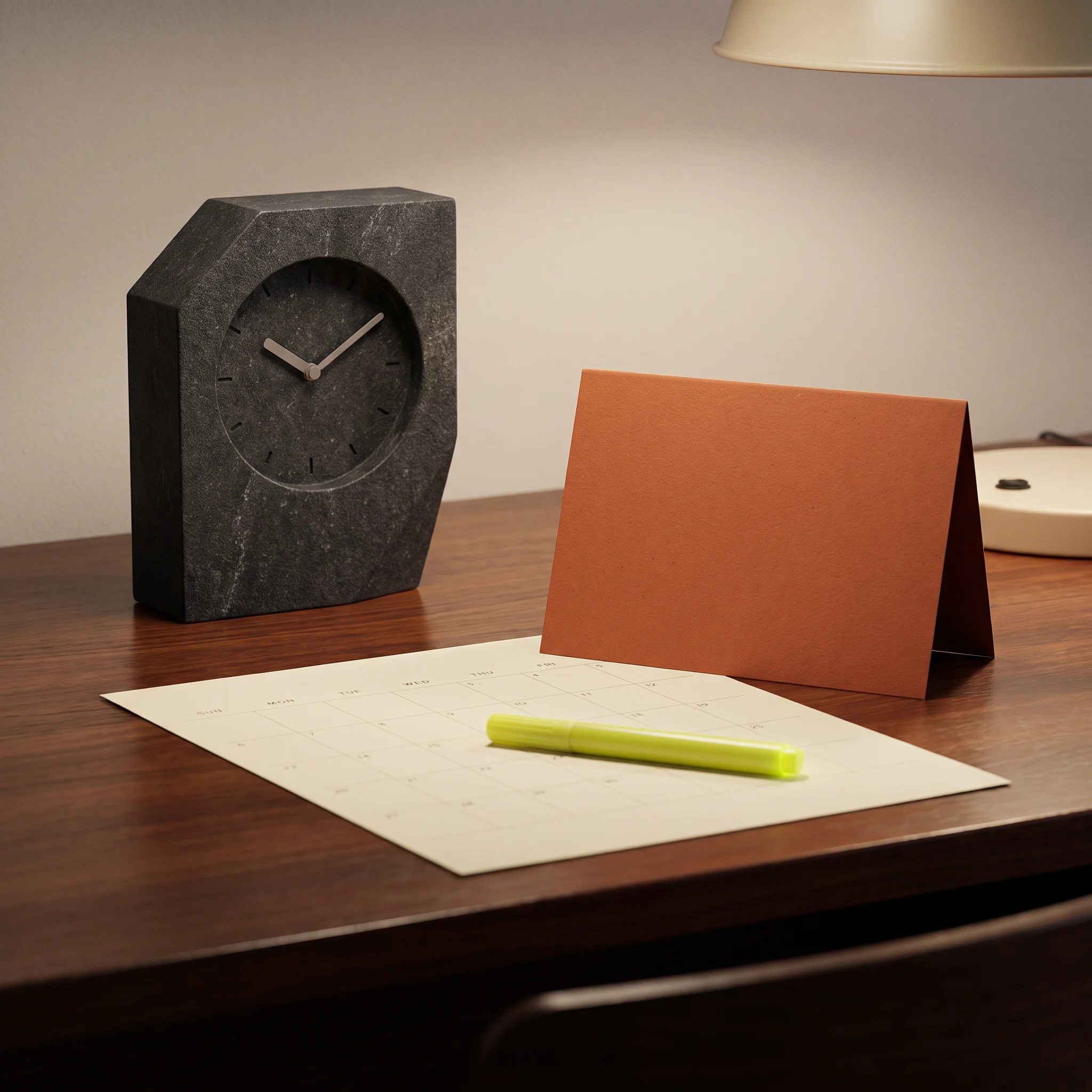 A desk clock and a folded note beside a highlighter