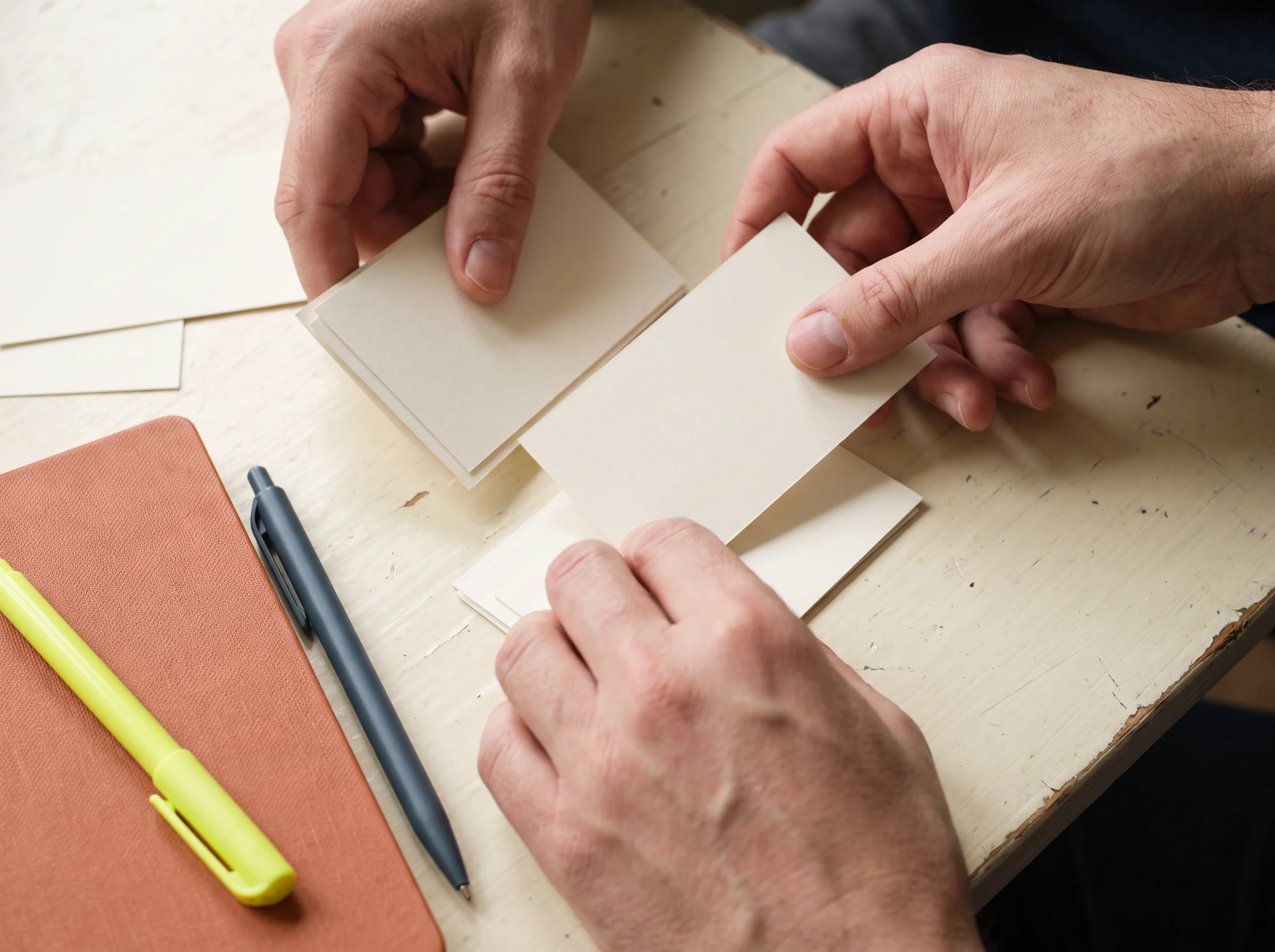 Hands arranging small notes beside a pencil and highlighter